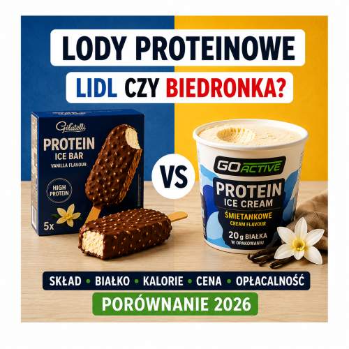 Lody proteinowe z Lidla i Biedronki – porównanie produktów wysokobiałkowych Gelatelli i Go Active pod względem składu, białka, kalorii i ceny.