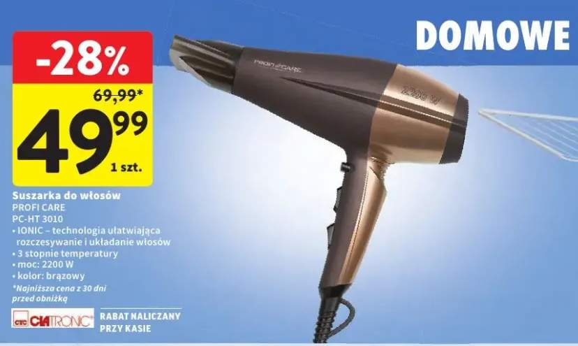 Suszarka do włosów PC-HT 3010 IONIC - technologia ułatwiająca rozczesywanie i układanie włosów, 3 stopnie temperatury, moc: 2200 W, kolor: brązowy