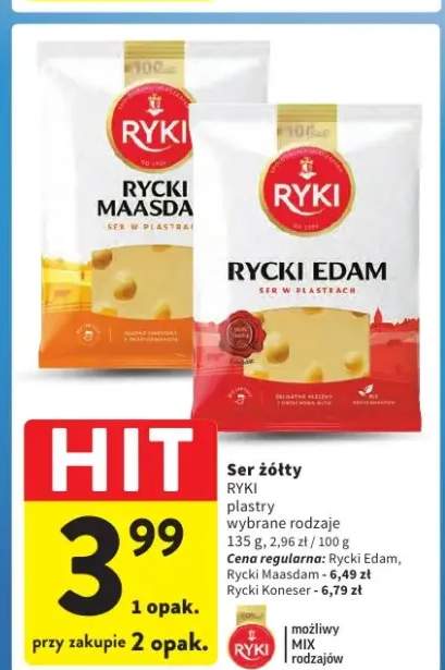 Ser żółty plastry wybrane rodzaje 135 g, 2,96 zł / 100 g (Cena za opak.: Rycki Kremowy - 2,98 zł, Rycki Maasdam - 6,49 zł, Rycki Koneser - 6,79 zł, możliwy mix rodzajów)