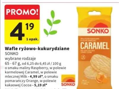 Wafle ryżowo-kukurydziane wybrane rodzaje o smaku maliny Raspberry, w polewie mlecznej Milk, w polewie karmelowej Caramel, w polewie mlecznej Milk, o smaku pomarańczy Orange, w polewie kakaowej Cocoa