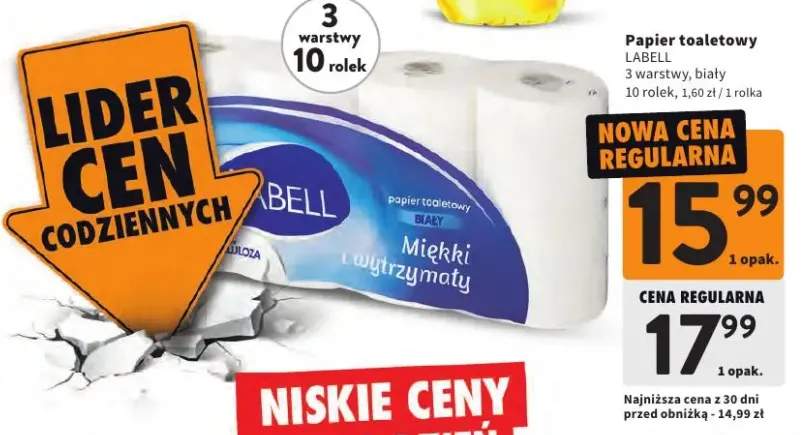 Papier toaletowy 3 warstwy, biały 10 rolek, 1,60 zł / 1 rolka