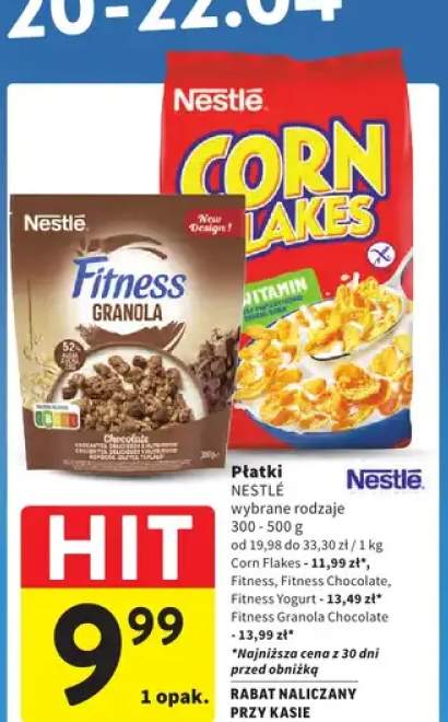 Płatki Nestlé wybrane rodzaje Corn Flakes, Fitness, Fitness Chocolate, Fitness Yogurt, Fitness Granola Chocolate
