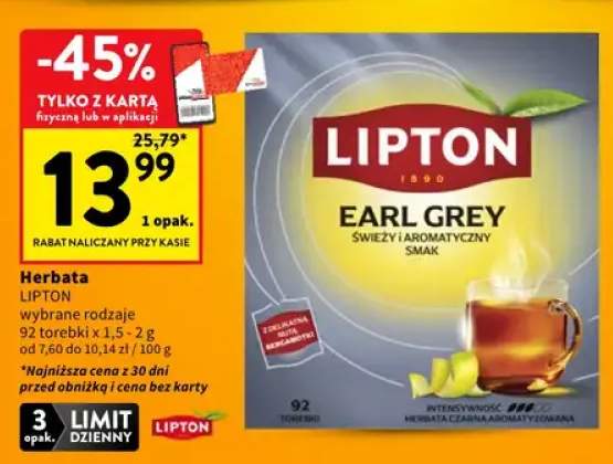 Herbata Lipton Earl Grey wybrane rodzaje 92 torebki
