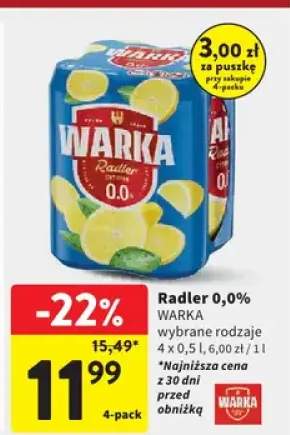 Piwo bezalkoholowe Warka Radler 0,0% Cytryna 4-pak 500ml