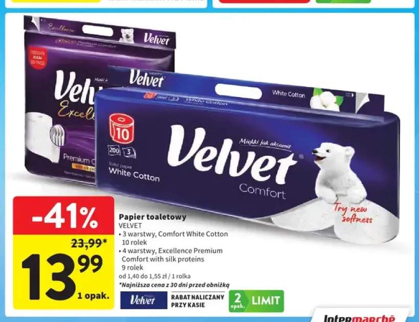 Papier toaletowy Velvet Excellence Premium Comfort with silk proteins 4 warstwy 9-pak