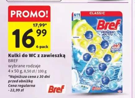 Kulki do WC z zawieszką Bref Power Aktiv Lemon 4-pak
