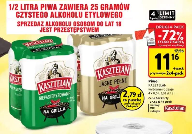 Piwo Kasztelan Niepasteryzowane 4-pak 500 ml +1 wariant