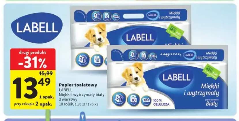 Papier toaletowy Miękki i wytrzymały biały 3 warstwy Labell 10-pak