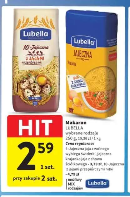 Makaron 4-jajeczna jaja z wolnego wybiegu świderki Lubella +2 warianty